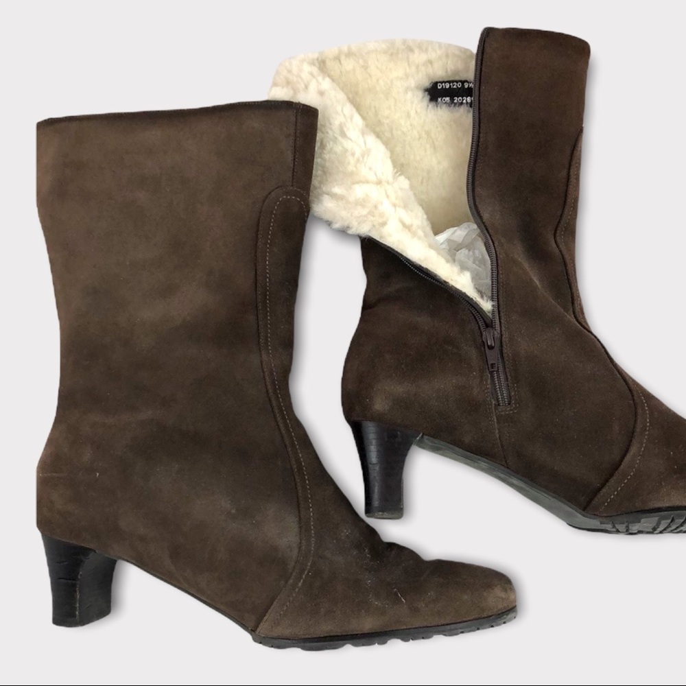COLE HAAN BROWN MID-CALF HEELED BOOTS SHERPA LINED WITH ZIPPERS SIZE 9.5